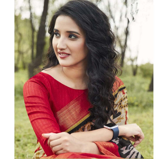 Staggering Red And Cream Party Wear Pure linen Printed Saree - Ibis Fab
