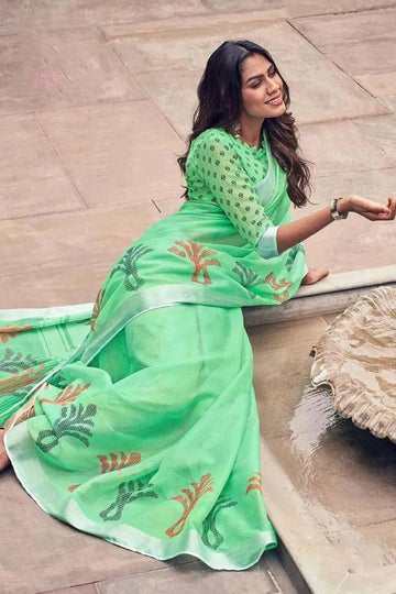 Staring Mint Colored Festive Wear Pure Linen Designer Saree