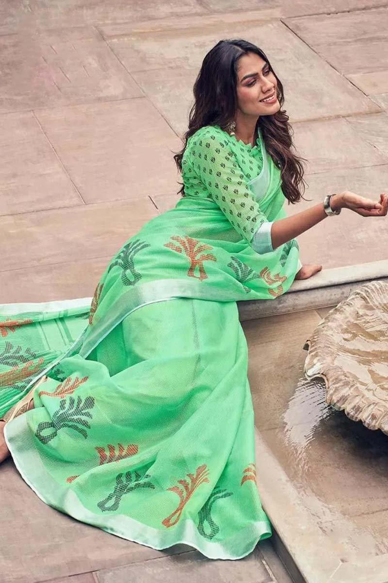 Staring Mint Colored Festive Wear Pure Linen Designer Saree - Ibis Fab