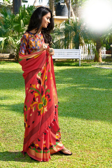 Staring Red Colored Casual Wear Linen Saree With 2 Blouse Pieces