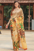 Stunning Beige colored Linen Designer Printed Saree