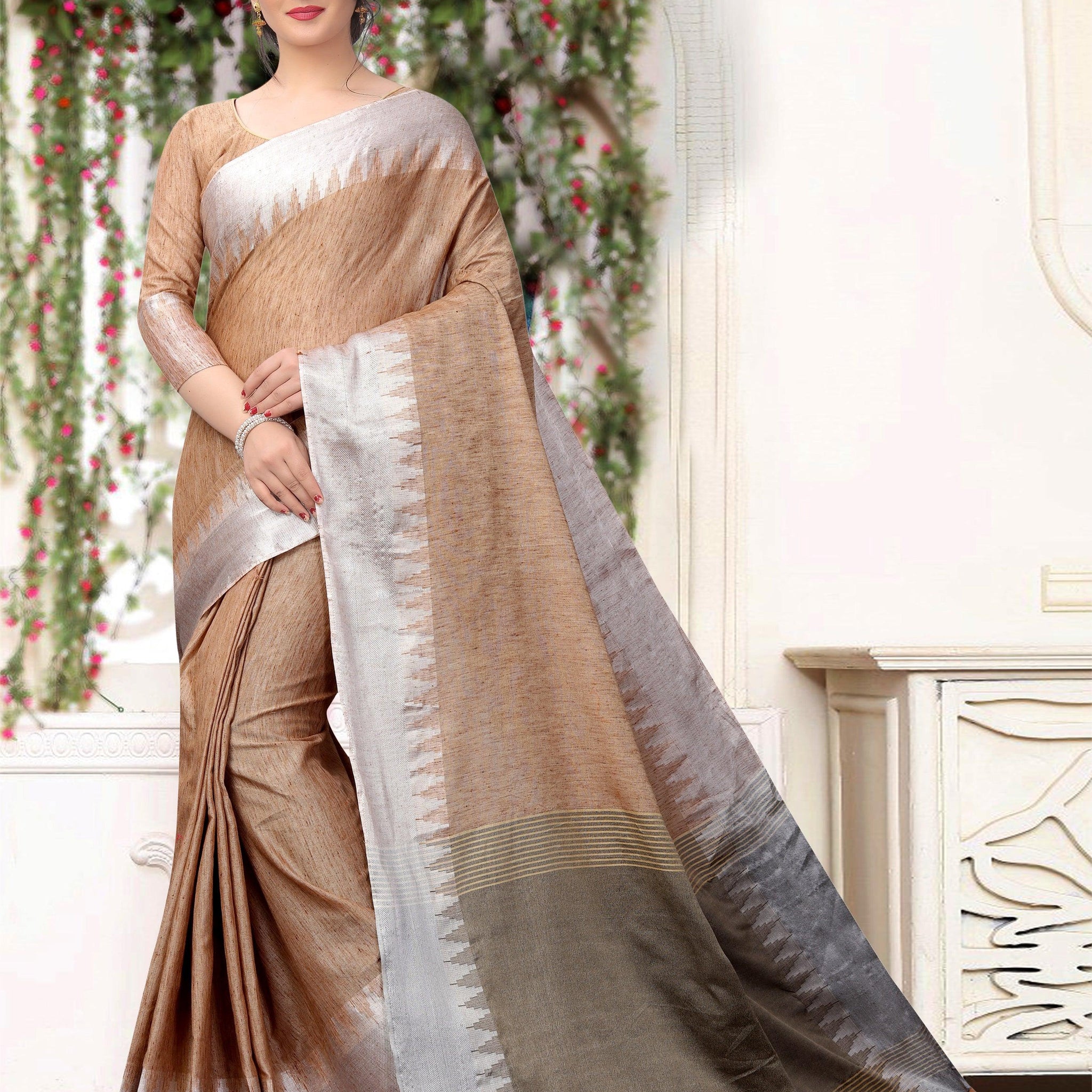 Stunning Beige Pure Linen Designer Saree - Ibis Fab