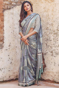Stunning Grey colored Linen Designer Printed Saree