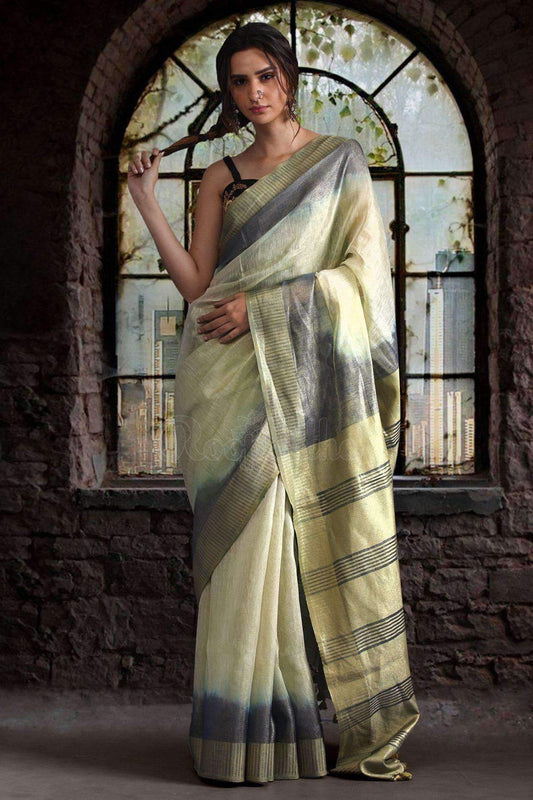 Stunning Light Green Colored Festive Wear Printed Pure Linen Saree - Ibis Fab