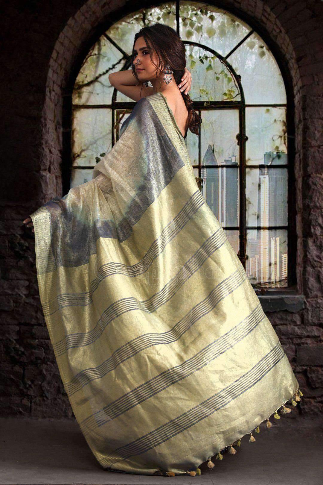 Stunning Light Green Colored Festive Wear Printed Pure Linen Saree - Ibis Fab