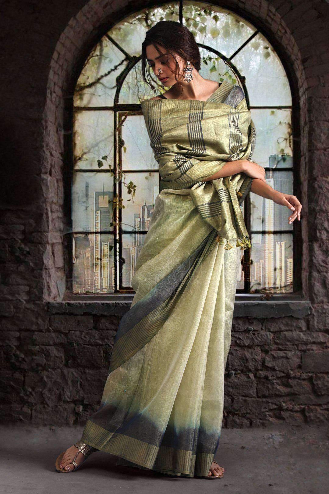 Stunning Light Green Colored Festive Wear Printed Pure Linen Saree - Ibis Fab