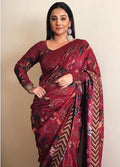 Stunning Maroon colored Flowered Partywear Linen Designer Saree
