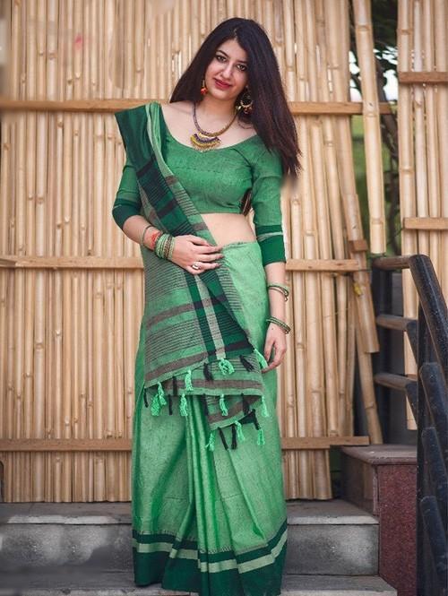 Stunning Mint Pure Linen Designer Saree - Ibis Fab