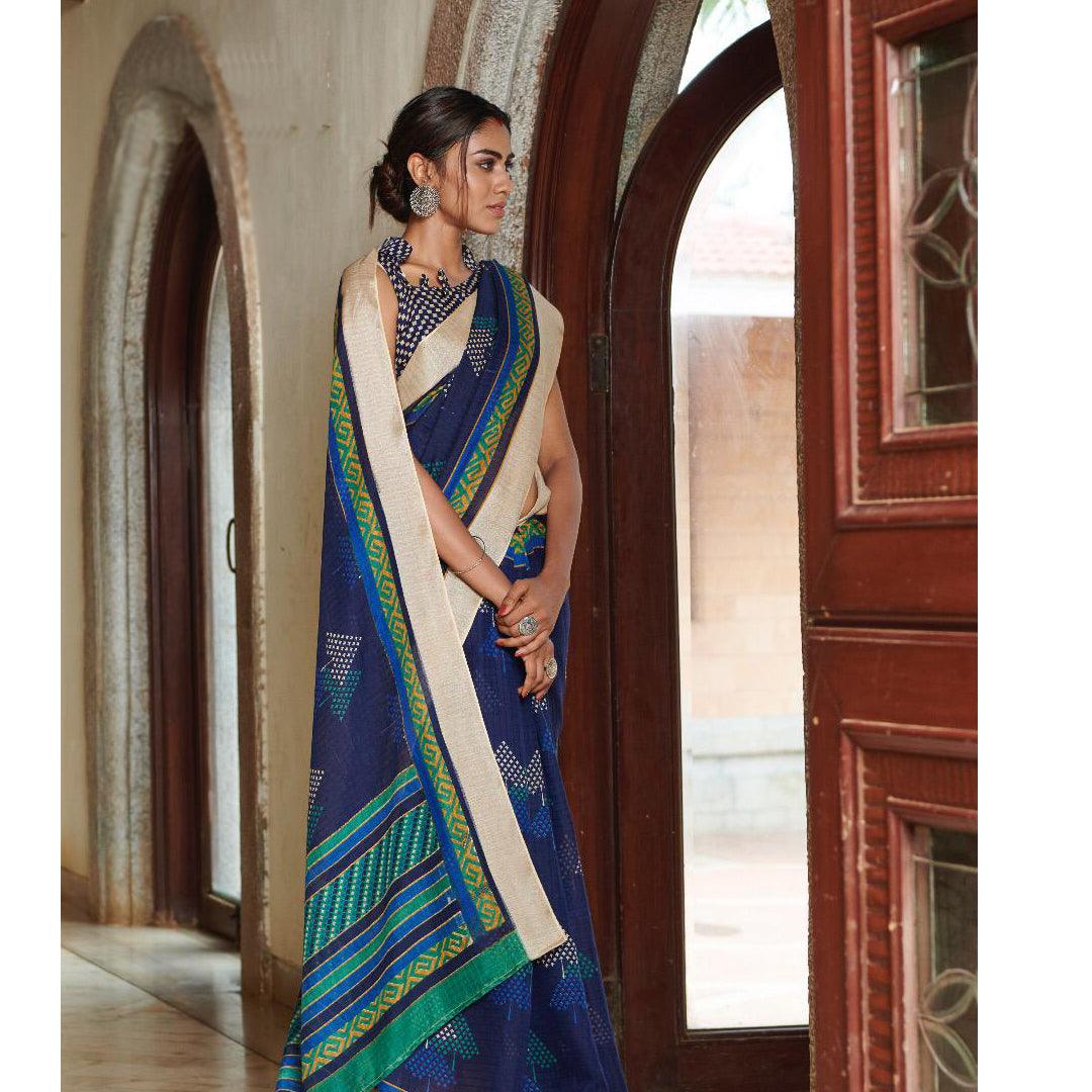 Stunning Navy Blue Colored Printed Pure Linen Saree For Women - Ibis Fab