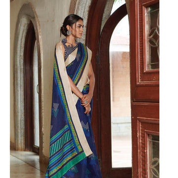 Stunning Navy Blue Colored Printed Pure Linen Saree For Women - Ibis Fab