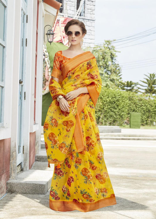 Stunning Pure Linen Yellow Colored Casual Printed Saree - Ibis Fab