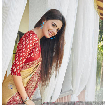 Stylish Tan And Red Colored Party Wear Pure Linen Saree