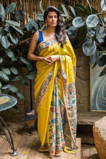 Stylish Yellow colored Linen Designer Printed Saree