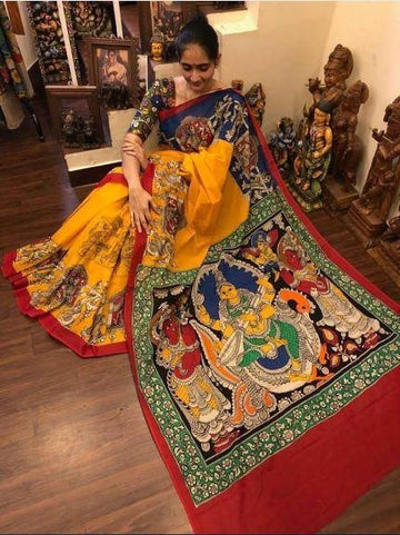 Sunshine Yellow and Red colored Kalamkari Linen Designer Printed Saree