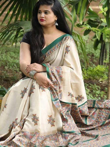 Surpassing  Cream Colored Festive Wear Pure Linen Designer Saree