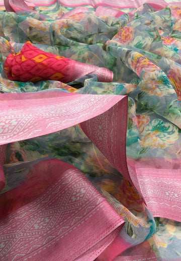 Surpassing Pure Linen Pink And Mint Colored Casual Printed Saree