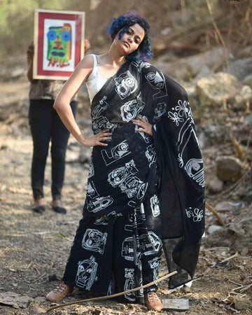 Tempting Black and White Pure Linen Designer Saree