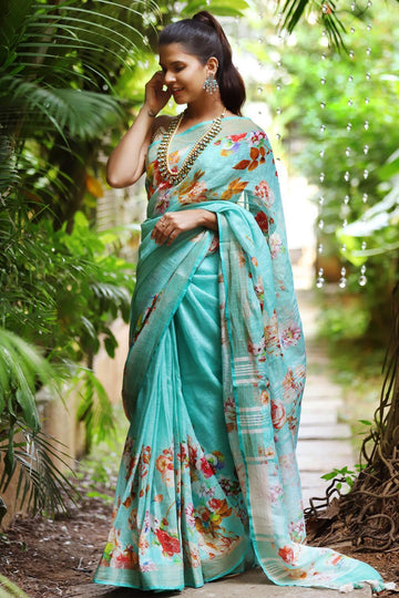Tiffany Light Blue colored Linen Designer Printed Saree