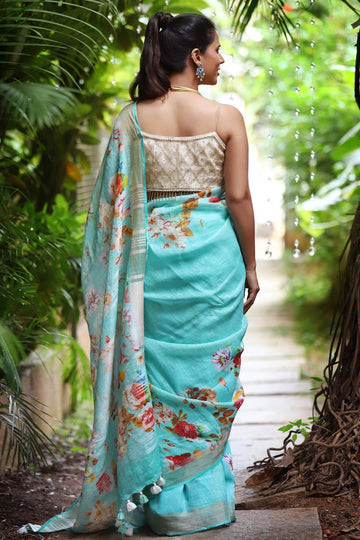 Tiffany Light Blue colored Linen Designer Printed Saree