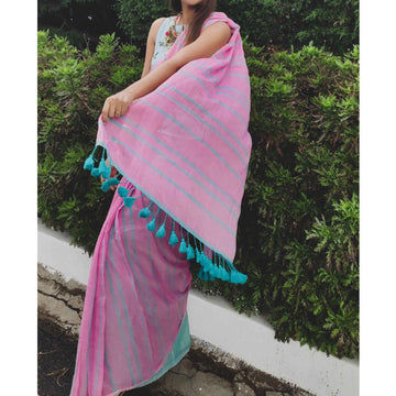 Traditional  Baby Pink Colored Festive Wear Pure Linen Designer Saree