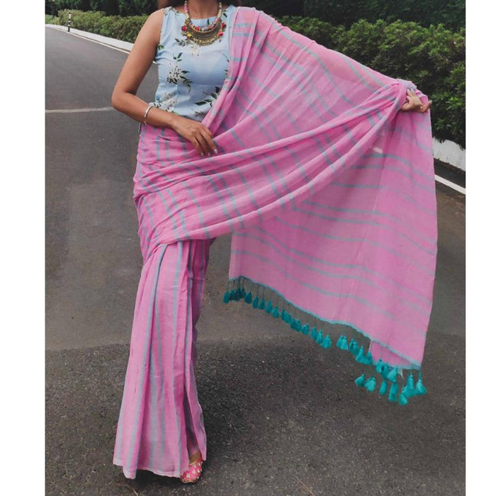 Traditional  Baby Pink Colored Festive Wear Pure Linen Designer Saree