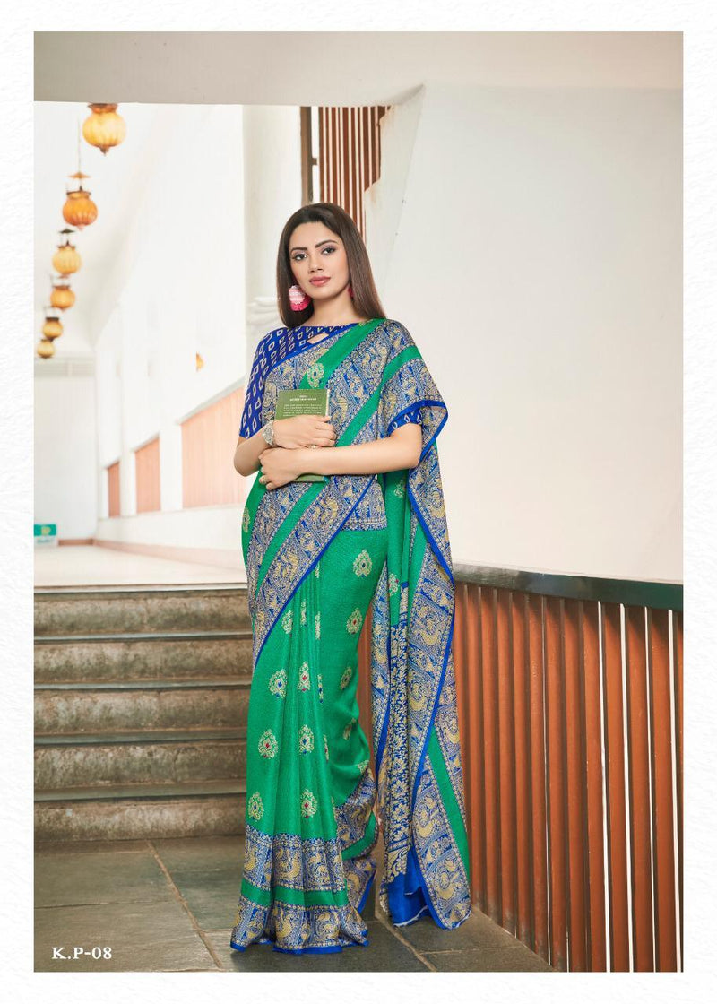 Trendy Green Colored Royal Blue Border PartyWear Pure Linen Saree - Ibis Fab