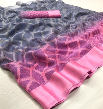 Trendy Grey And Baby Pink Colored  Partywear Printed Pure Linen saree