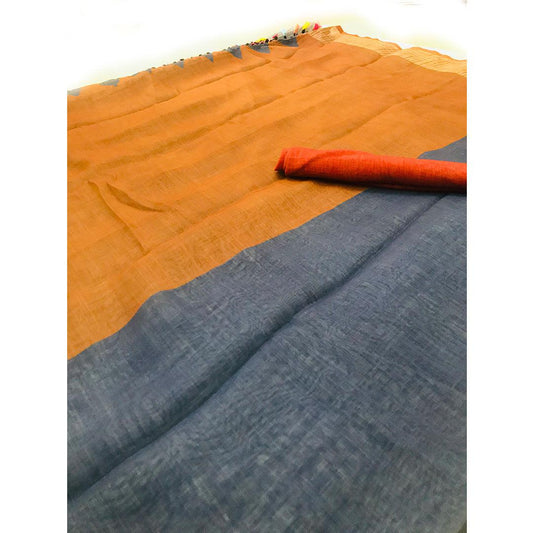 Trendy Grey Colored Printed Pure Linen Saree - Ibis Fab