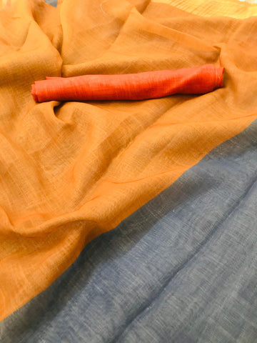 Trendy Grey Colored Printed  Pure Linen Saree