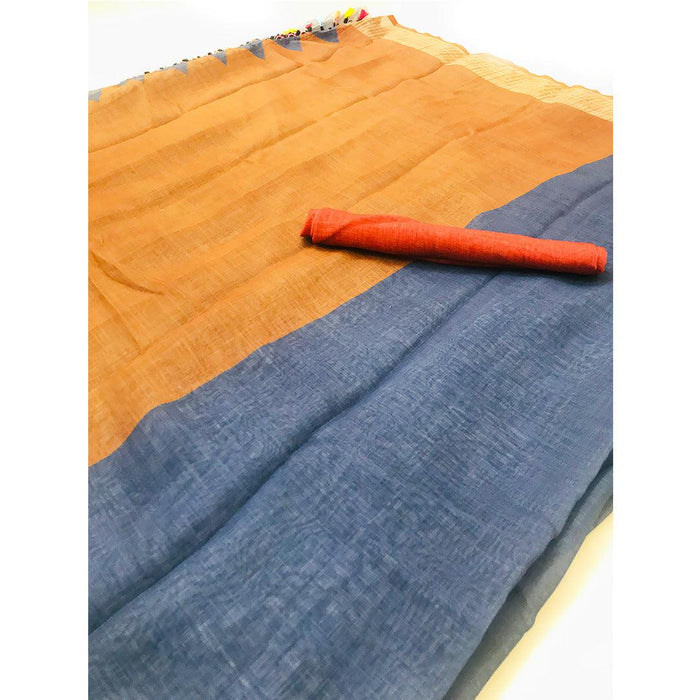 Trendy Grey Colored Printed  Pure Linen Saree