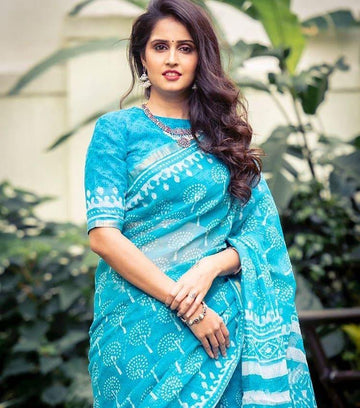Trendy Light Blue Colored Printed  Pure Linen Saree For Women