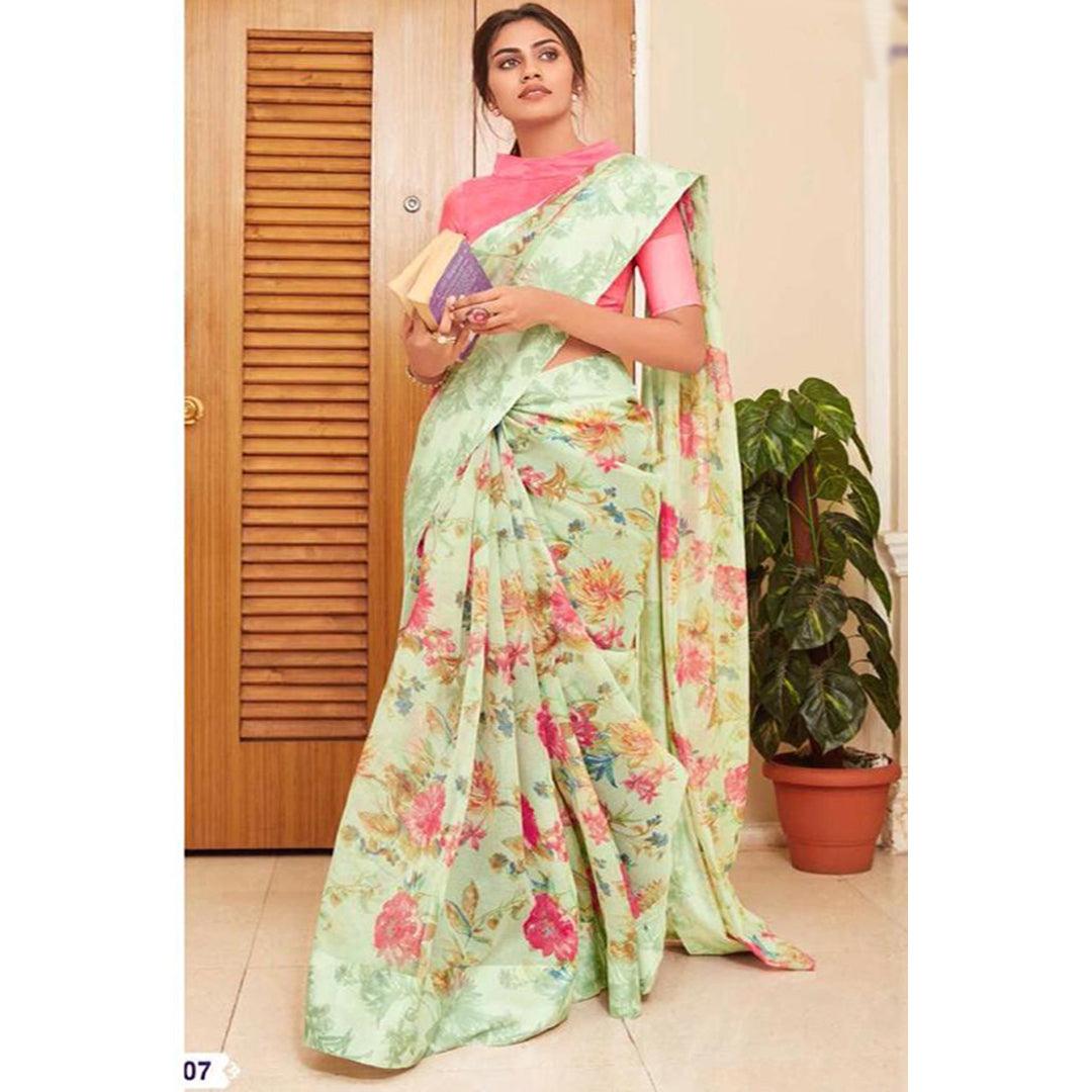 Trendy Mint And Pink Colour Printed Pure Linen Saree For Women - Ibis Fab