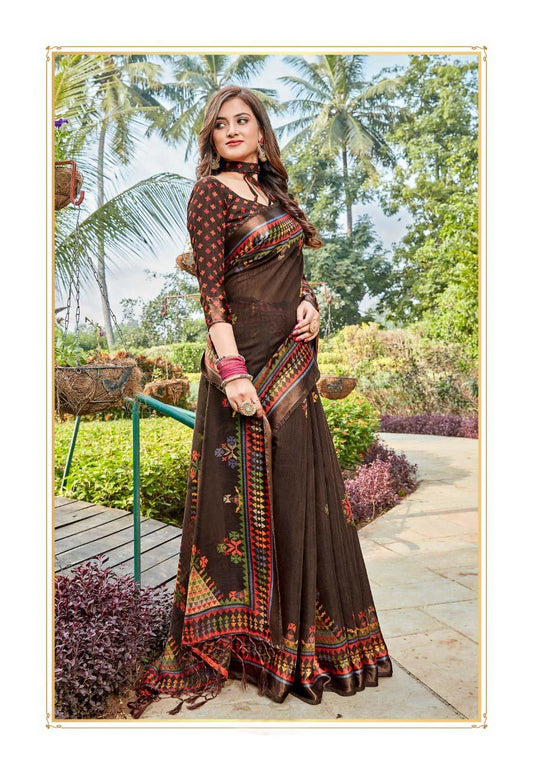 Trendy Pure Linen Brown Colored Casual Printed Saree - Ibis Fab