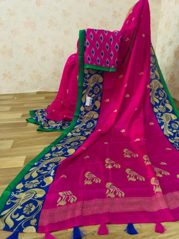 Trendy Pure Linen Pink Colored Casual Printed Saree