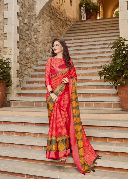 Trendy Red Colored PartyWear Pure Linen Saree - Ibis Fab