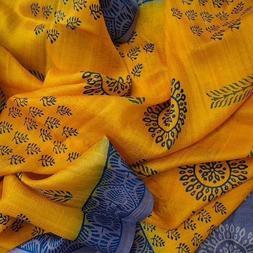 Trendy Yellow Colored  Festive Printed  Pure Linen Saree