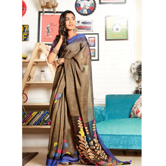 Turquoise Brown Colour Printed Pure Linen Saree For Women - Ibis Fab