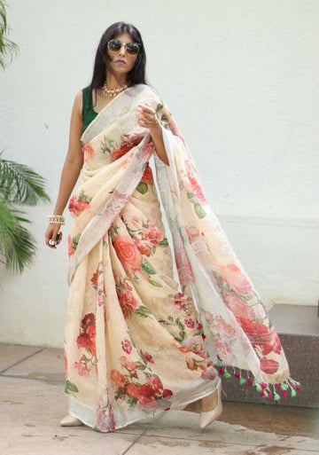 Turquoise Cream And Green Colored  Festive Wear Printed  Pure Linen Saree