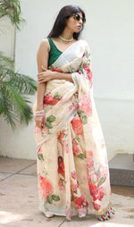 Turquoise Cream And Green Colored Festive Wear Printed Pure Linen Saree - Ibis Fab