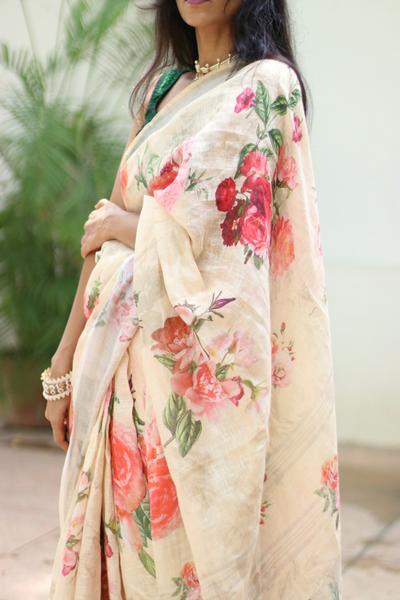 Turquoise Cream And Green Colored Festive Wear Printed Pure Linen Saree - Ibis Fab