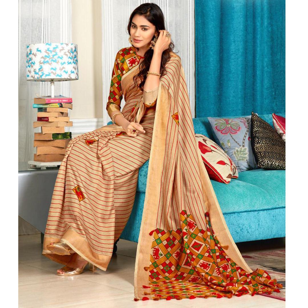 Turquoise Tan Colour Printed Pure Linen Saree For Women - Ibis Fab