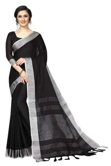 Unique  Black with Grey border  Pure Linen Designer Saree