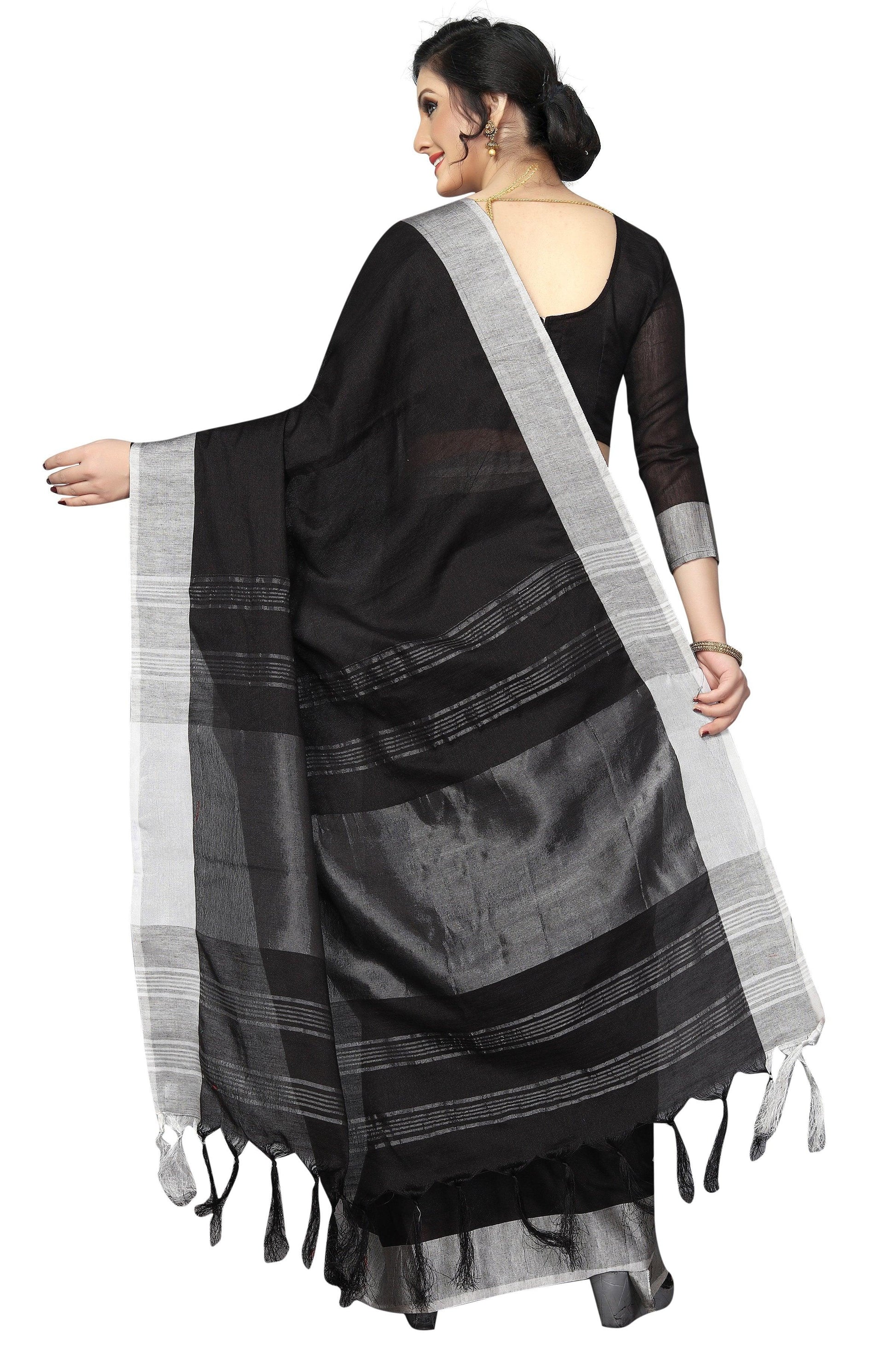 Unique Black with Grey border Pure Linen Designer Saree - Ibis Fab