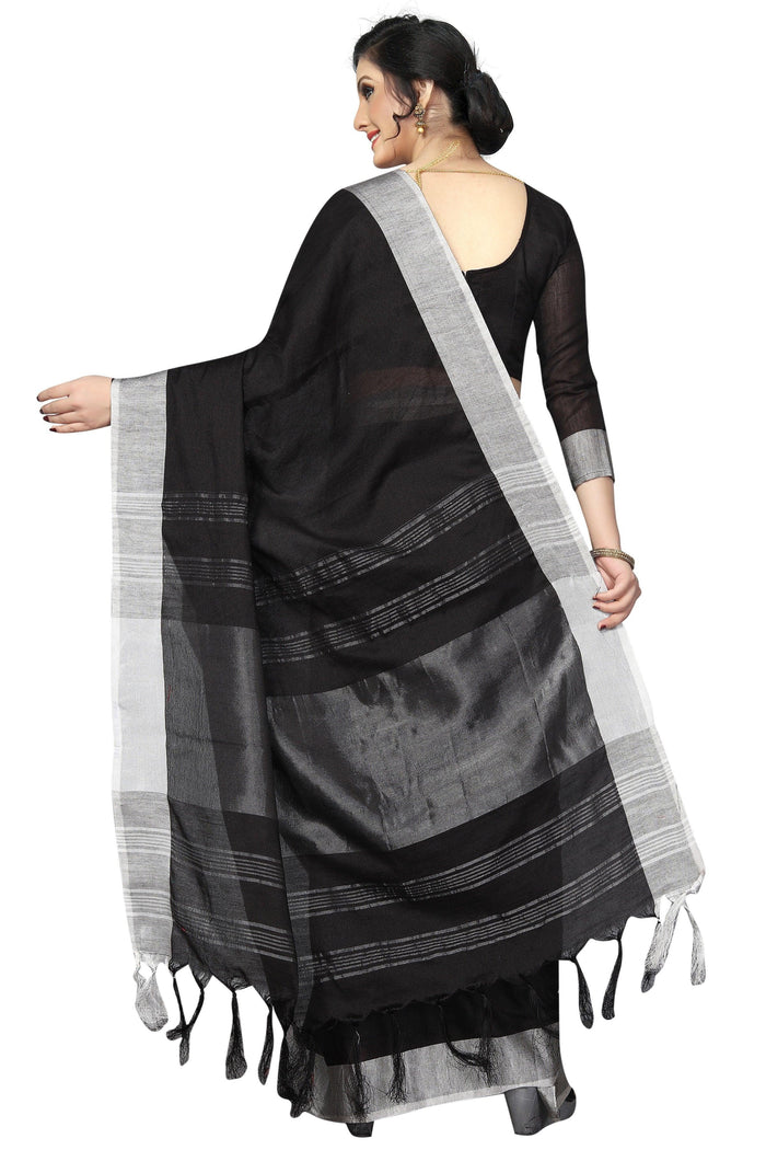 Unique  Black with Grey border  Pure Linen Designer Saree