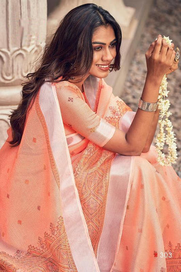 Unique Coral Colored Festive Wear Pure Linen Designer Saree