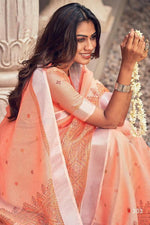 Unique Coral Colored Festive Wear Pure Linen Designer Saree - Ibis Fab
