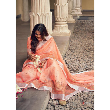 Unique Coral Colored Festive Wear Pure Linen Designer Saree