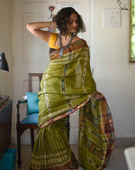 Unique Green Colored Printed Pure Linen Saree - Ibis Fab