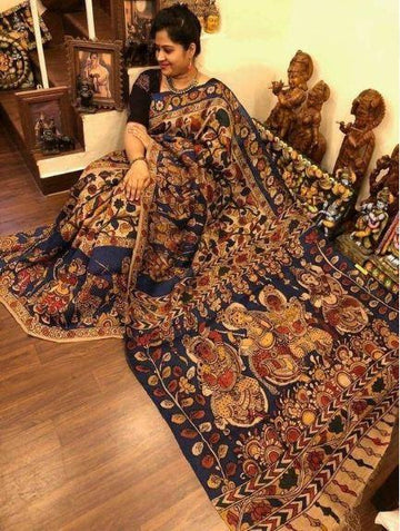 Unique Night Blue And Beige colored Kalamkari Linen Designer Printed Saree