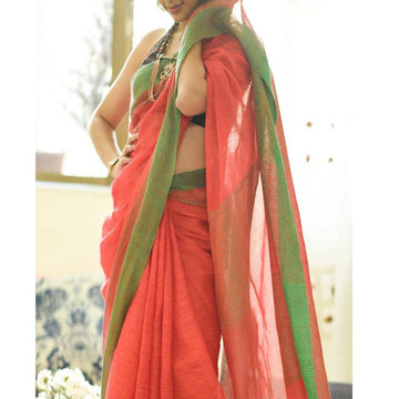 Unique Orange Colored Festive Wear Pure Linen Designer Saree